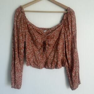 JAPNA Rust Fall Floral NWOT Smocked Peasant Top Long Sleeve Boho Square Neck M